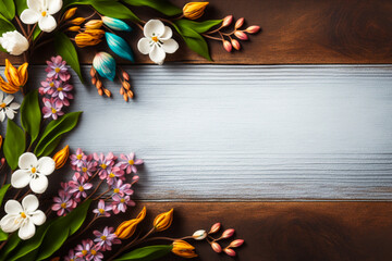 Floral banner, header with copy space, isolated on wooden plank background. Natural spring flowers wallpaper or greeting card.