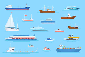Cartoon ships harbor. Marine carrier boats on river ferry port dock side view, ocean tanker cargo container nave yacht modern sailboat speedboat cruise vessel vector illustration - obrazy, fototapety, plakaty