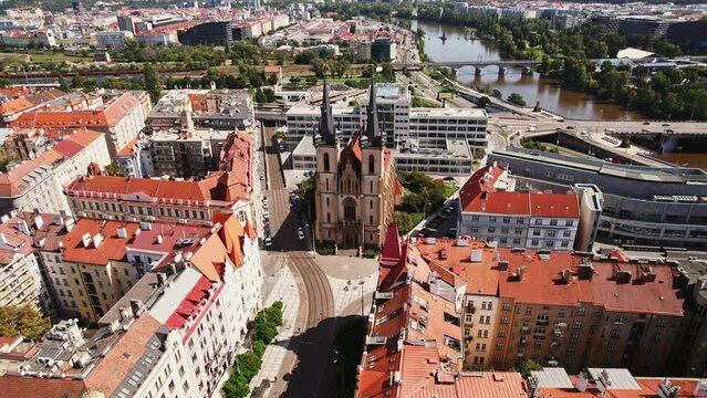 Prague Church St Antony of Padua Fly Back Tilt Up Full View Plaza Historical Monument Aerieal Drone