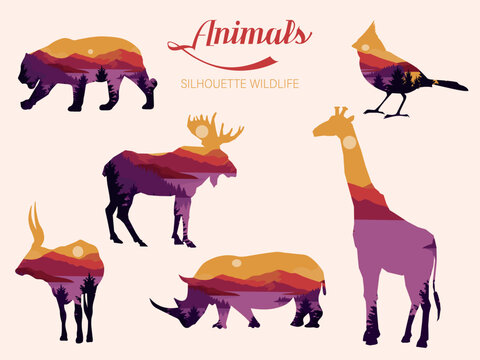 Set of silhouette wild animals, Inside a pine forest,  collection silhouette vintage concept with forest and mountains sunset landscape inside animals shape isolated vector illustration.