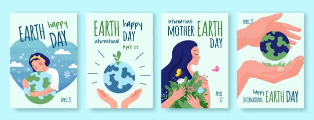 Fototapeta na wymiar Renewable earth posters. World planet day card, girl hugging green globe save ecology environment nature protection concept