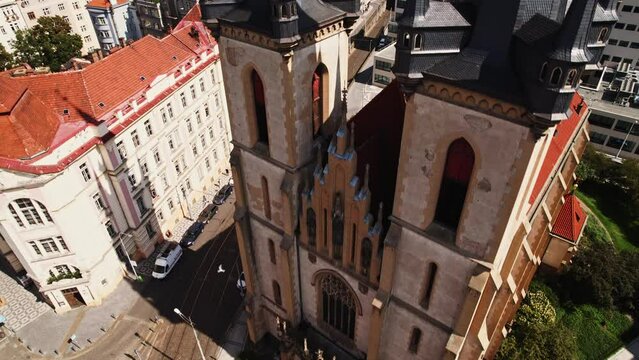 Prague Church St Antony of Padua Close Up Full View Rise Reveal Roof Pillars Historical Monument Aerieal Drone