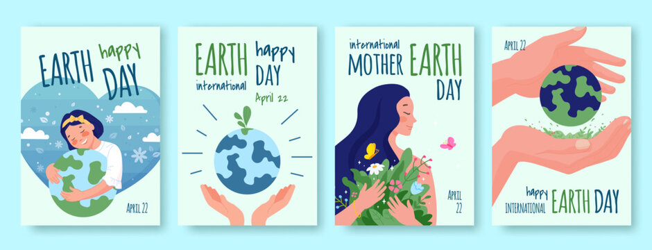 Renewable earth posters. World planet day card, girl hugging green globe save ecology environment nature protection concept