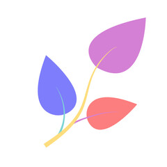 Branch with three colored leaves in a flat style. Simple vector illustration for icon or postcard
