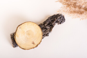 Natural mock-up from a tree cut on the bark and ears of grass on a light background. Top view