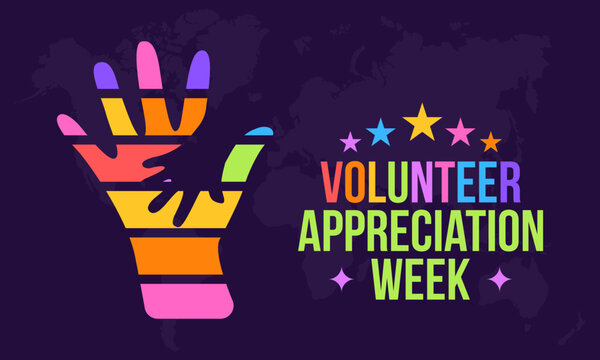 Volunteer Appreciation Week. volunteers communities awareness concept banner design with focused in colorful letter and supporting hand in blue background. observed on April