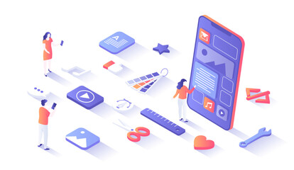 User Interface UI and User Experience UX design. Interface construction. Mobile application, program development. Isometry illustration with people scene for web graphic.