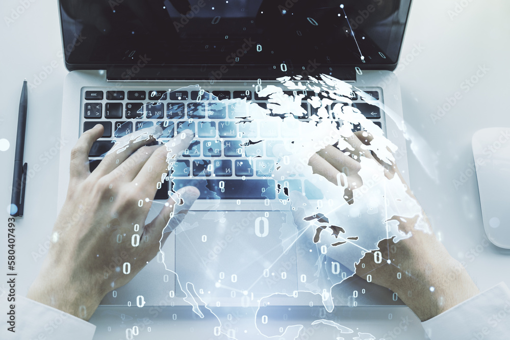 Aufkleber double exposure of abstract creative programming illustration with world map and hand typing on lapt