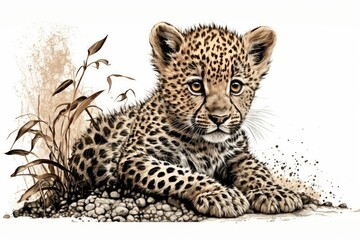 Fototapeta premium This is a picture of a cute leopard cub on a white background. Little leopard. Animals from Africa. Safari. Illustration. Template. Hand drawn. Design for a greeting card. Cut outs. Generative AI