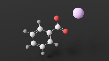 sodium benzoate molecule, molecular structure, food preservative e211, ball and stick 3d model, structural chemical formula with colored atoms