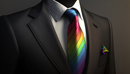 Mann im Anzug mit einer Krawatte in den Farben der Regenbogenflagge der LGBT-Bewegung (Lesbian, Gay, Bisexual and Transgender). (Generative AI)