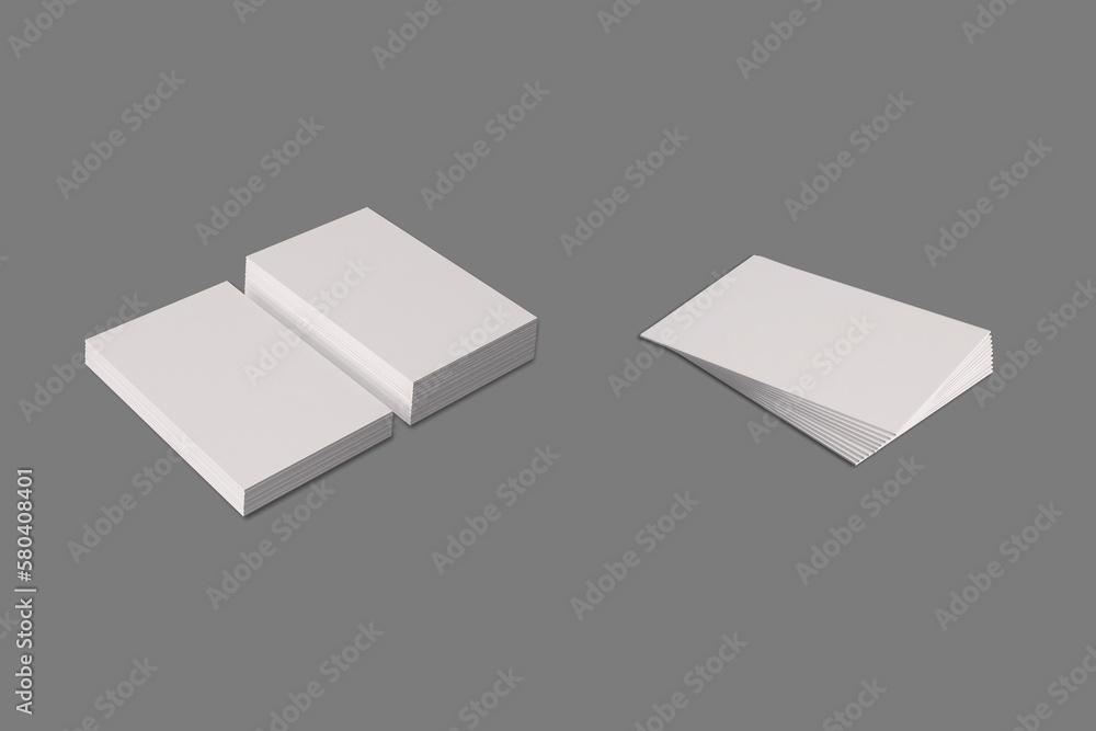 Poster stack of blank white business cards mockup isolated on a grey background. 3d rendering.