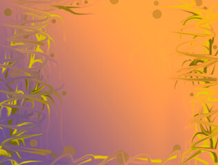 Fototapeta na wymiar Gradient blue-orange background with a frame of green bamboo leaves. Plant background with green plants
