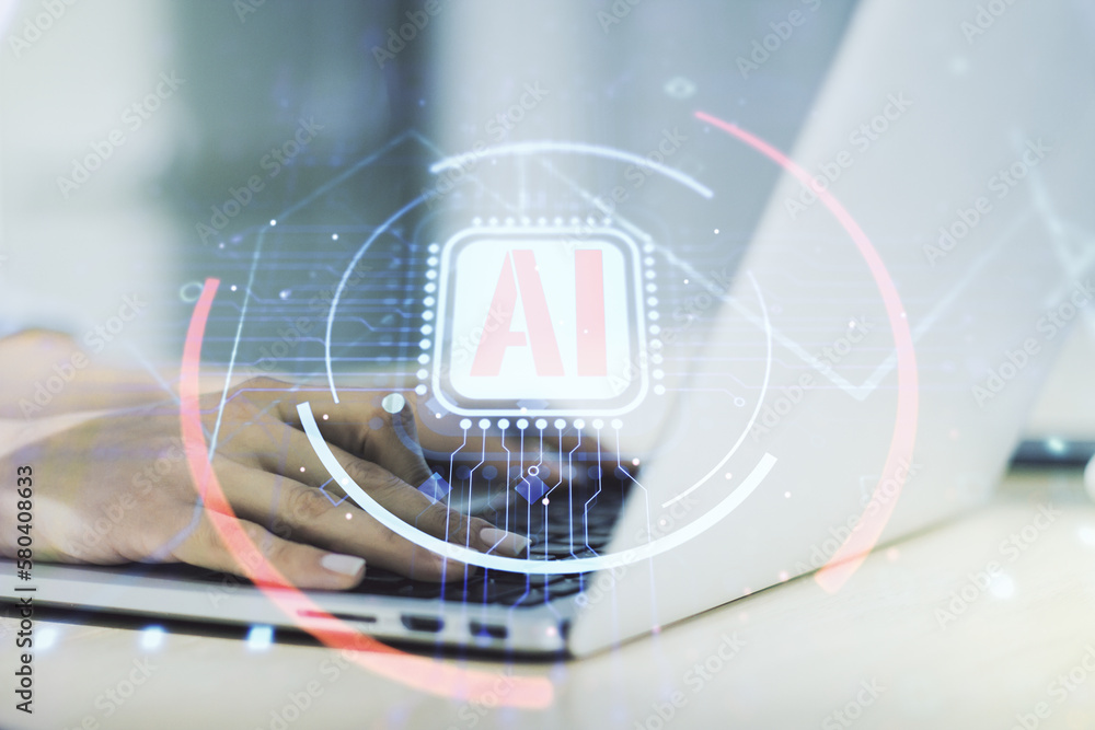 Poster double exposure of creative artificial intelligence abbreviation with hand typing on computer keyboa