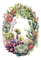 Fototapeta premium Succulent wreath frame surround illustration design, gardening print copy space, fleshy leaved plants in a circle oval shape on transparent background, green leaves cacti framing (generative AI, AI)