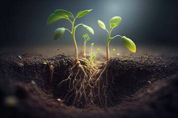 a young plant with roots sprouts in the ground,green vegetable sprouts grow in the soil, Generative AI