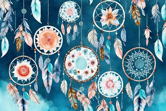Seamless watercolor ethnic boho floral pattern - dreamcatchers and flowers on blue background  Native American tribe decor  tribal navajo isolated illustration bohemian ornament  Indian  Peru  Aztec