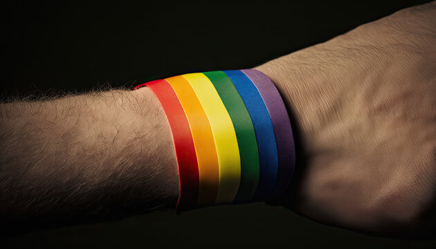 M&auml;nnliches Handgelenk mit einem Armband in den Farben der Regenbogenflagge der LGBT-Bewegung (Lesbian, Gay, Bisexual and Transgender). (Generative AI)