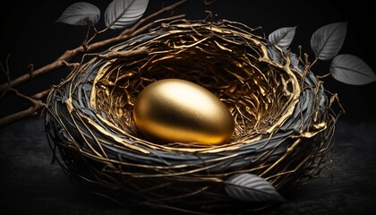 Golden egg in birds nest, Easter Egg, generative AI