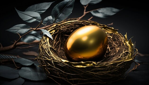Golden egg in birds nest, Easter Egg, generative AI