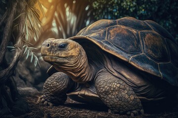 Obraz premium The Aldabra giant tortoise, an endemic species, is one of the biggest tortoises in the world. It lives in the Mauritius island zoo nature park. Huge reptile portrait. The idea of traveling with exotic