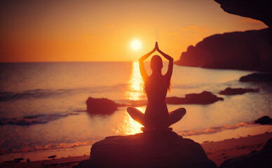 Silhouette of young woman sitting on rocks by the sea practicing yoga at sunset. Generative AI