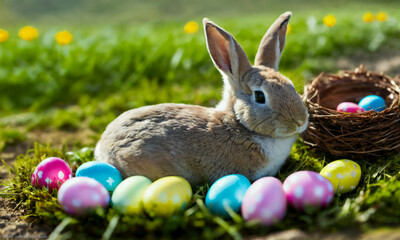 Fototapeta na wymiar Easter rabbit and colorful painted easter eggs with spring meadow background. Generative AI