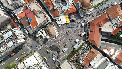 Aerial drone photo of famous Monastiraki district with great views to Acropolis hill and the...