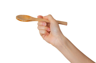 Hand holding a wooden spoon on a transparent background