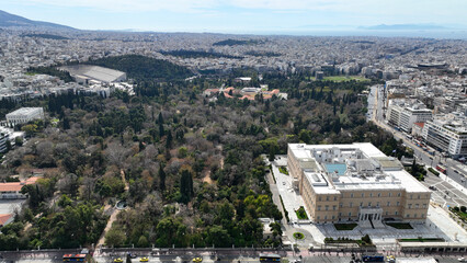 Obraz premium Aerial drone top down photo of Syntagma square famous from Greek Parliament, Athens historic centre, Attica, Greece