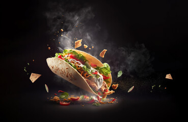 fresh hot taco with flying ingredients isolated on black background, hot ready to serve and eat banner with copy space empty area - Generative AI