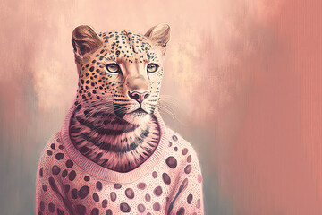 Portrait of a beautiful adult leopard wearing fashion pink sweater on a light background. Generative AI