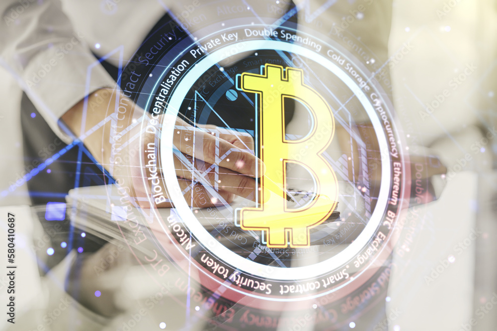 Poster double exposure of creative bitcoin symbol with man hand writing in notebook on background. cryptocu