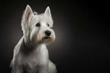 Cute white dog on dark background. West Highland White Terrier. Generative AI