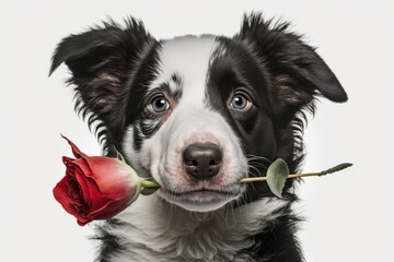 St. Valentine's Day concept. Cute puppy dog border collie holding a red rose in its mouth in a funny portrait on a white background. Lovely dog in love on valentines day gives gift. Generative AI