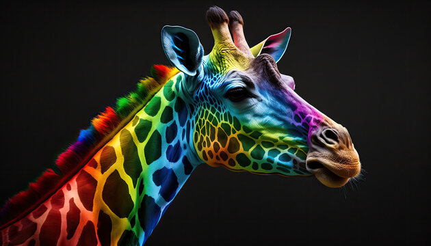 Giraffe in den Farben der Regenbogenflagge der LGBT-Bewegung (Lesbian, Gay, Bisexual and Transgender). (Generative AI)