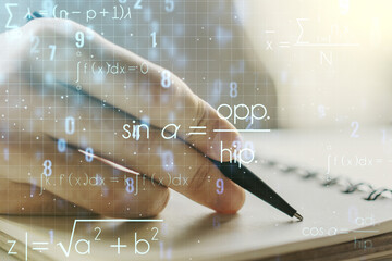 Creative scientific formula illustration with man hand writing in diary on background, science and research concept. Multiexposure