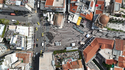 Aerial drone photo of famous Monastiraki district with great views to Acropolis hill and the...