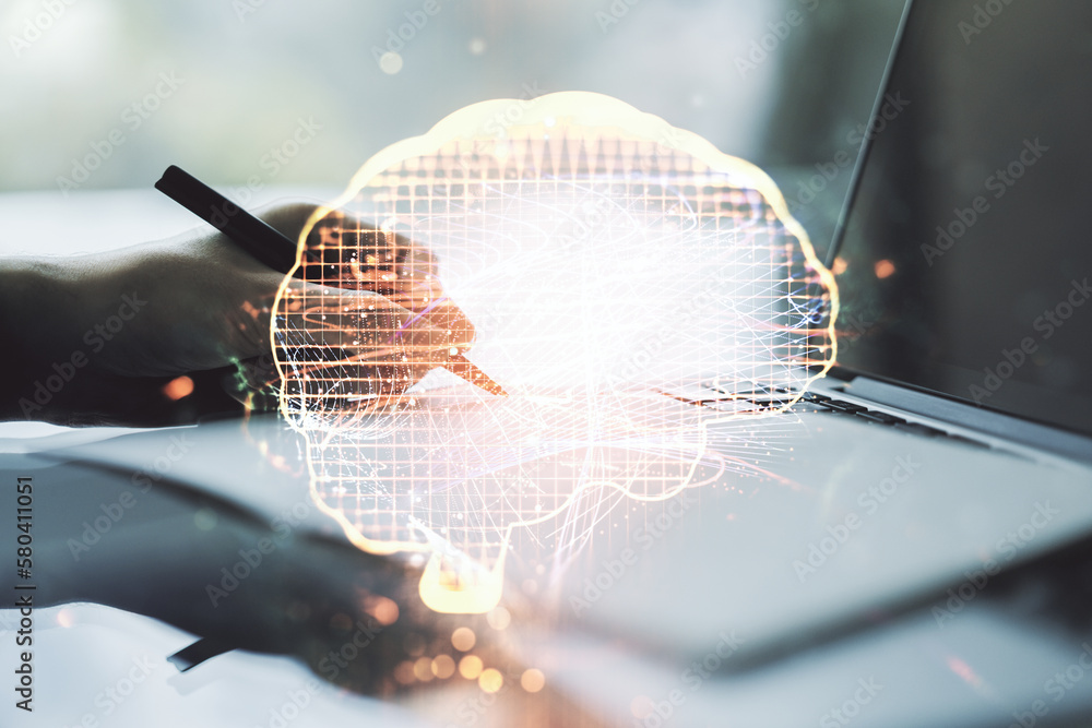 Aufkleber Creative artificial Intelligence concept with human brain sketch and hand writing in diary on background with laptop. Double exposure