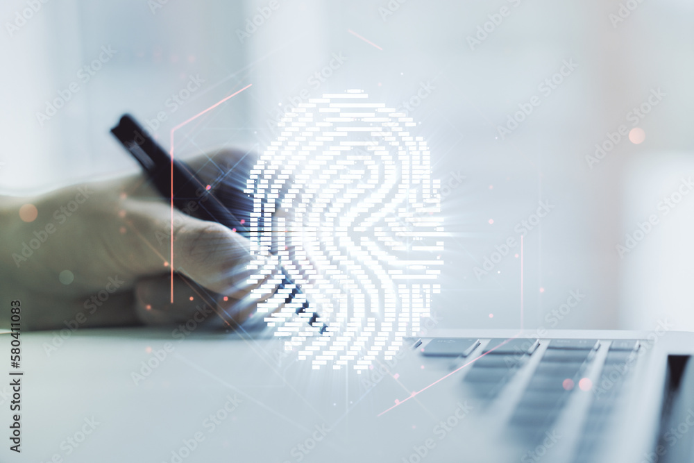 Poster double exposure of abstract creative fingerprint hologram with hand writing in notepad on background