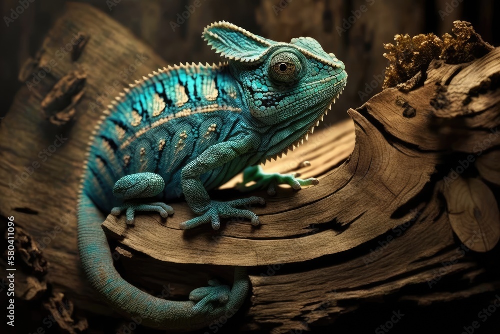 Poster the chameleon sits on a piece of wood with a background that changes color from light to dark. gener