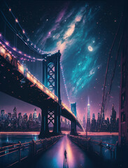 Fototapeta na wymiar Brookly Bridge in New York bei Nacht mit schönem Nachthimmel