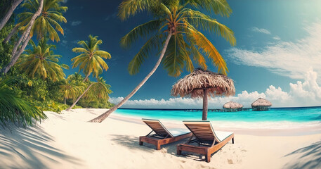 Sunbeds on tropical beach with white sand. Palms and turquoise ocean. Based on Generative AI