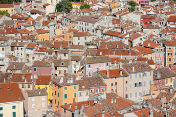 Old houses and roofs from above in Rovinj old town, Croatia
