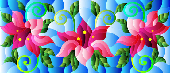 llustration in stained glass style with flowers, leaves and buds of pink lilies on a blue background