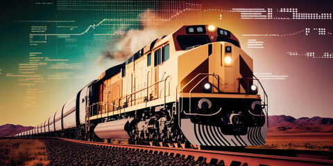 The picture of a train on a background of analytics data represents the transportation and logistics industries, highlighting the role of railway transportation in these fields.	
