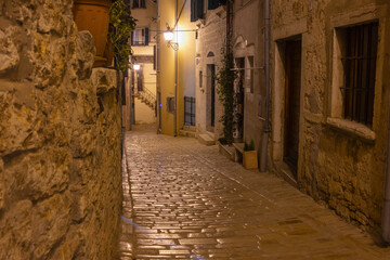 Obraz premium Cobbled street with old houses details by night in Rovinj old town, Croatia 