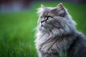 Naklejka na ściany i meble The cat sits on a green lawn and looks to the side. A close up picture of a fluffy gray cat with green eyes in the wild. Siberian stock. Generative AI