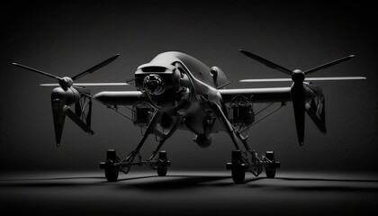 A black and silver drone hovers against a dark background, lit by a spotlight. The atmosphere is intense and dynamic, hinting at the drone's capabilities for adventure and exploration. generative ai