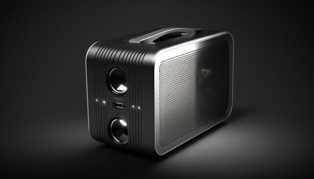 A black and silver portable speaker on a dark background. The scene feels modern and edgy, with bright spotlights illuminating the speaker's sharp angles. generative ai


